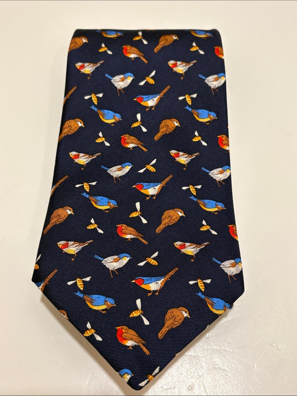 Harrods Navy Silk Tie with Colorful Songbirds and Bees